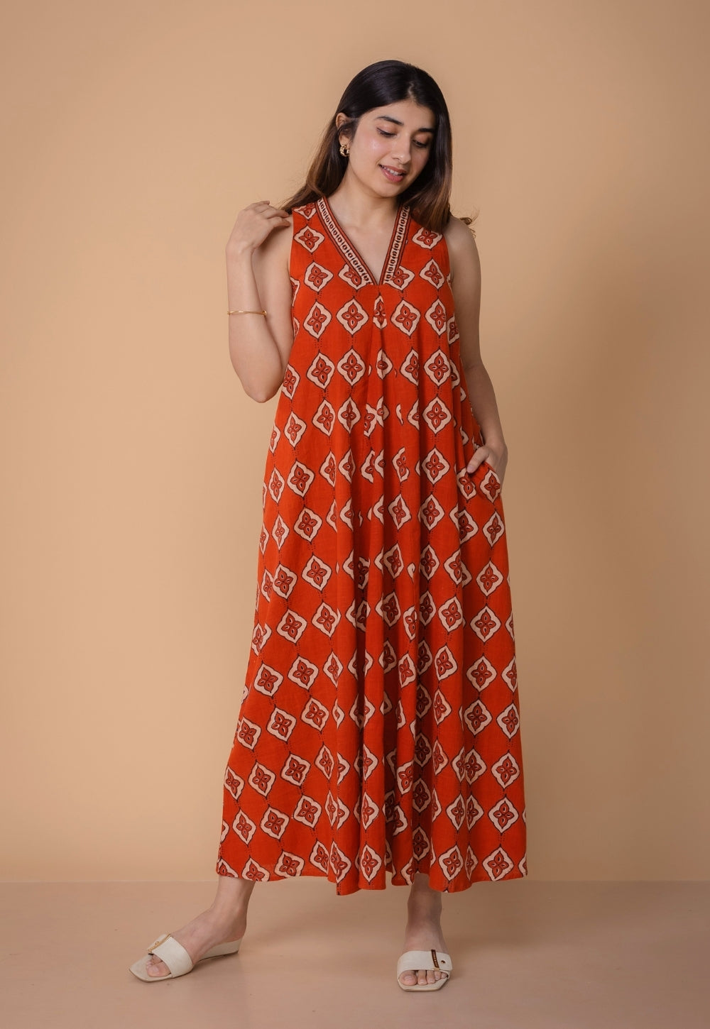Arisha Orange Dabu Slub Cotton A Line Dress