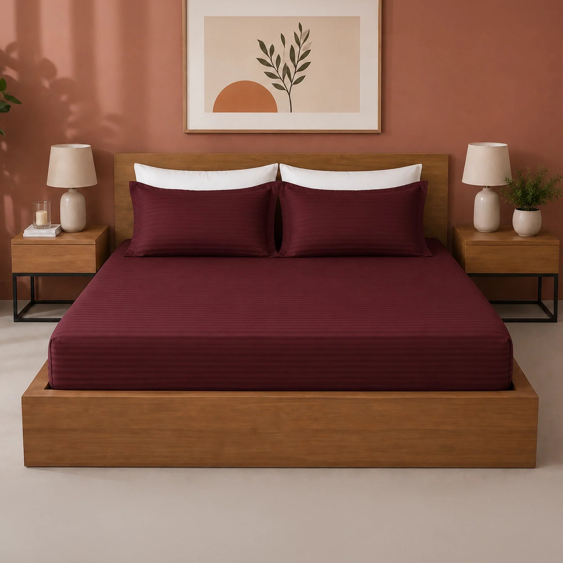 Breton Drift - Satin Stripes Fitted Bedsheet (Maroon)-1