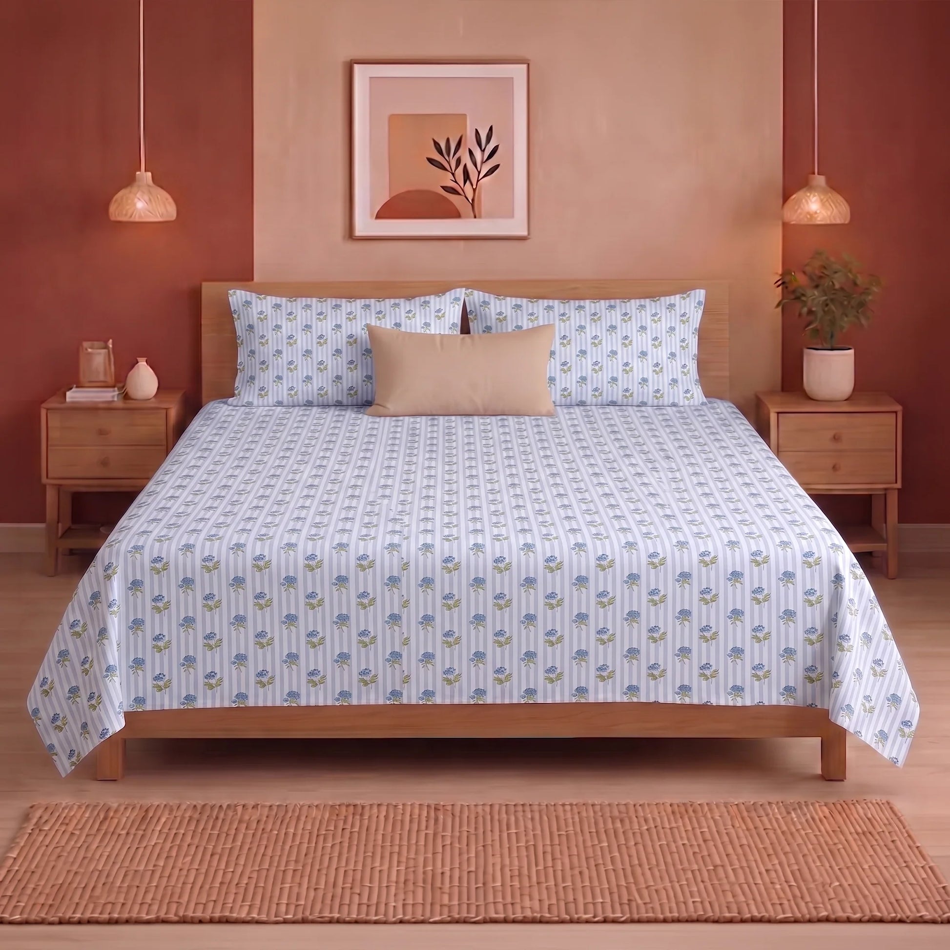 Soft Serenade - Floral Bedsheet (Blue)-3