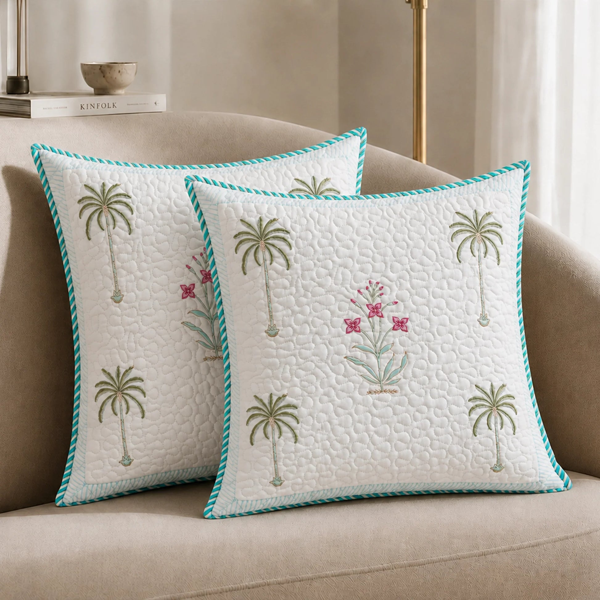 Ombre Tulip - Hand Block Print Quilted Cushion Cover (Green)-5