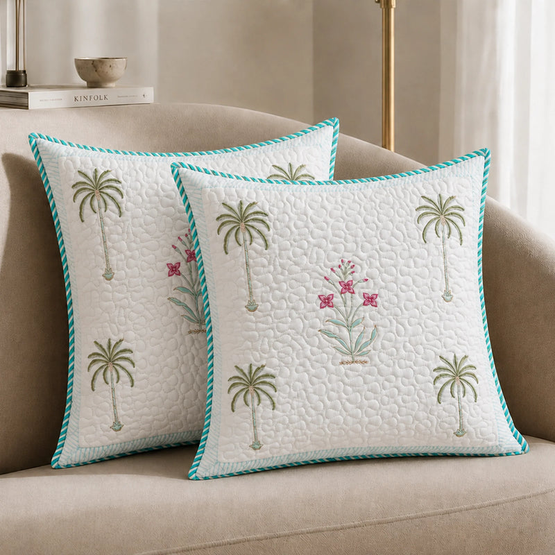 Ombre Tulip - Hand Block Print Quilted Cushion Cover (Green)-5