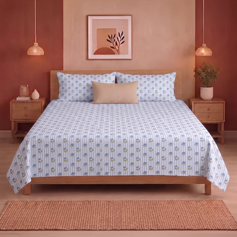 Soft Serenade - Floral Bedsheet (Blue)-1