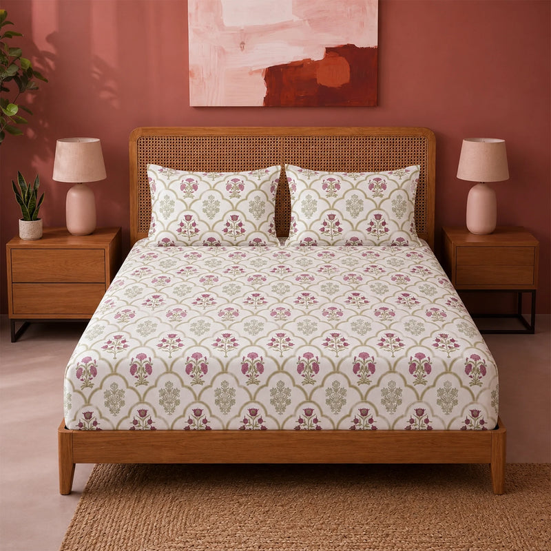 Spring Buds Pink - White Floral Fitted Sheet-1