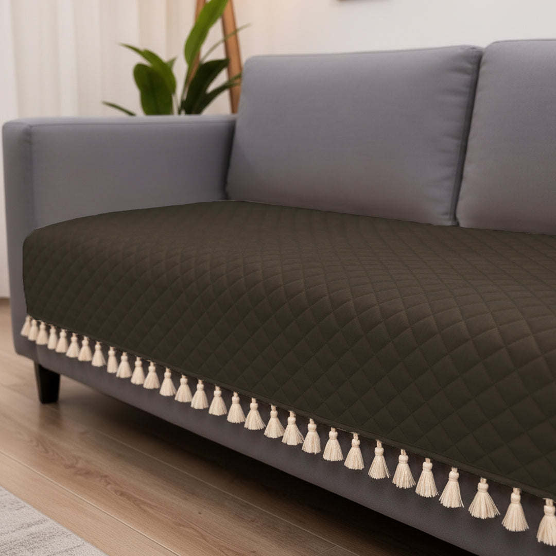 Quilted Velvet Sofa Cover with Tassels (Brown)-9