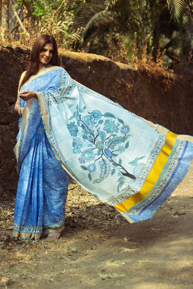 Cotton Kasavu Saree,Tree of Life Design • Blue-5