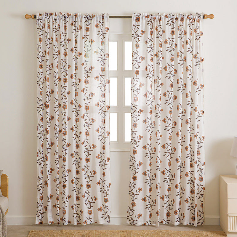 White Floral Velora Wines Rod Pocket Printed Sheer Curtain-1