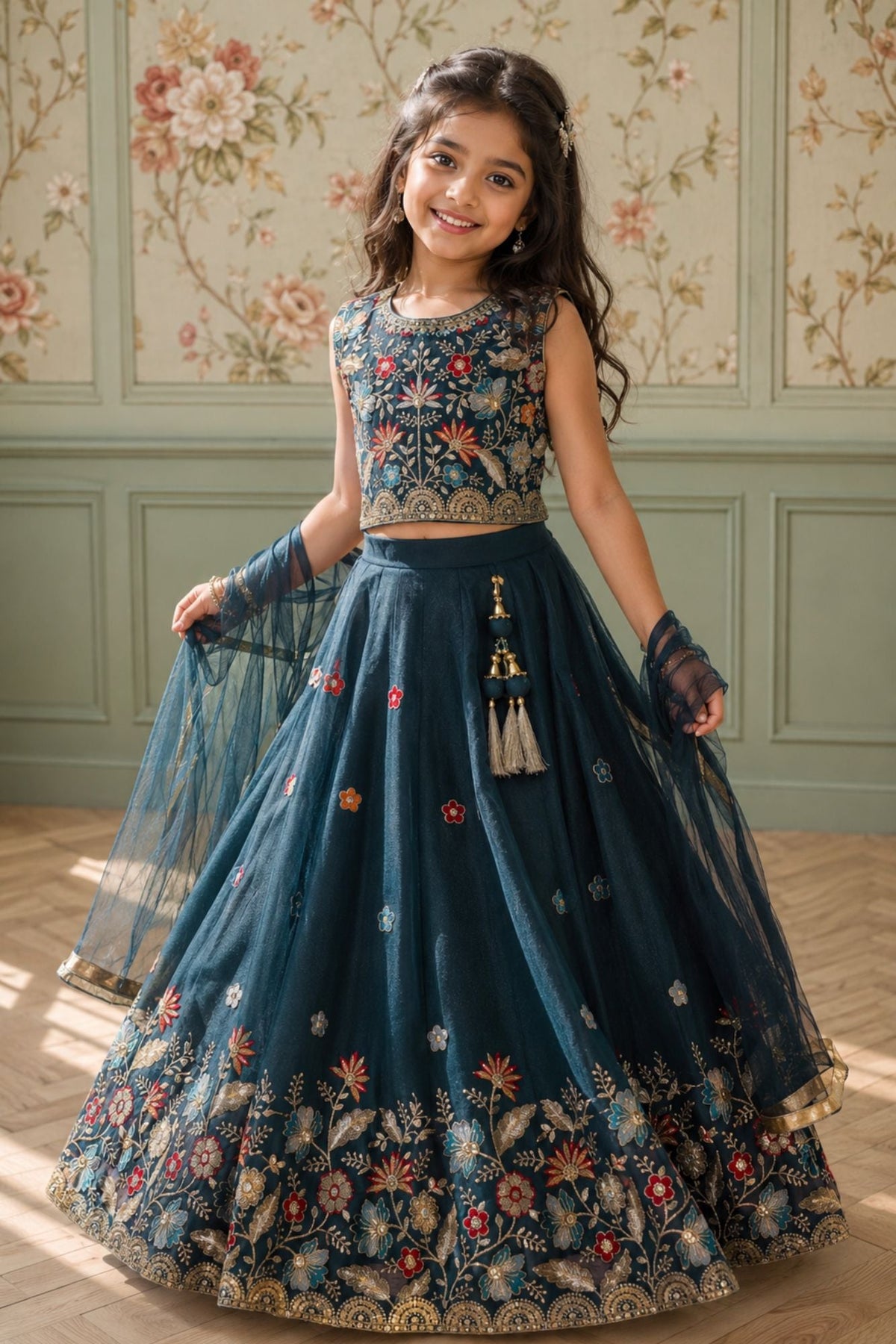 Deep Teal Blue Embroidered Lehenga Choli Set with Net Dupatta For Girls