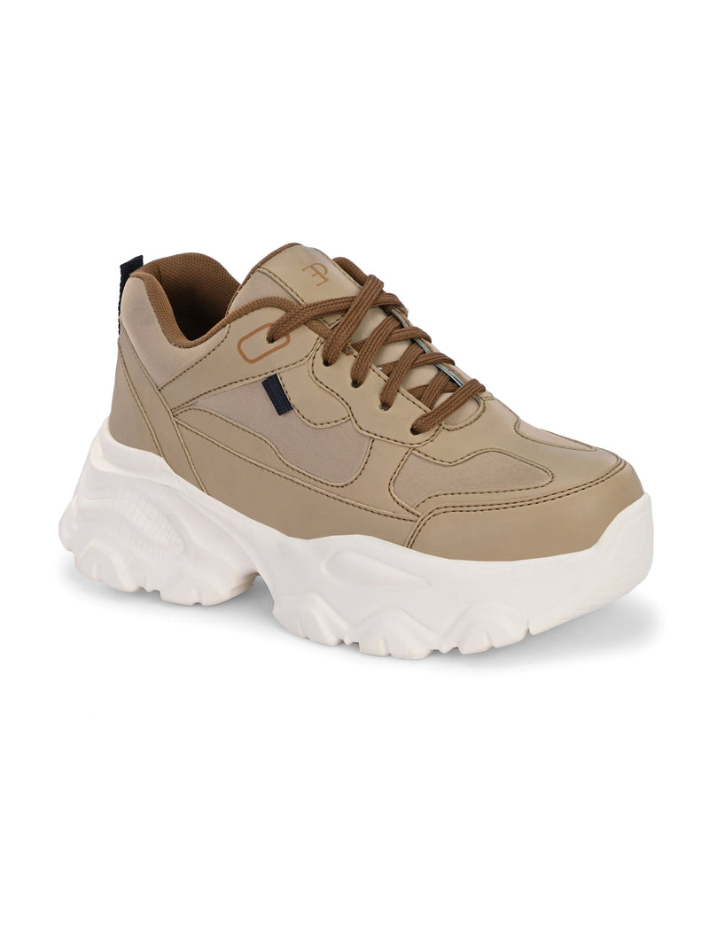 EL PASO Women Beige Faux Leather Casual Lace Up Sneakers-1