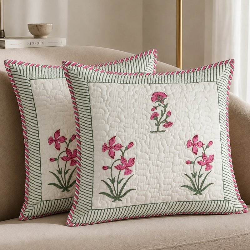 Ombre Orchid - Hand Block Print Quilted Cushion Cover (Pink)-1