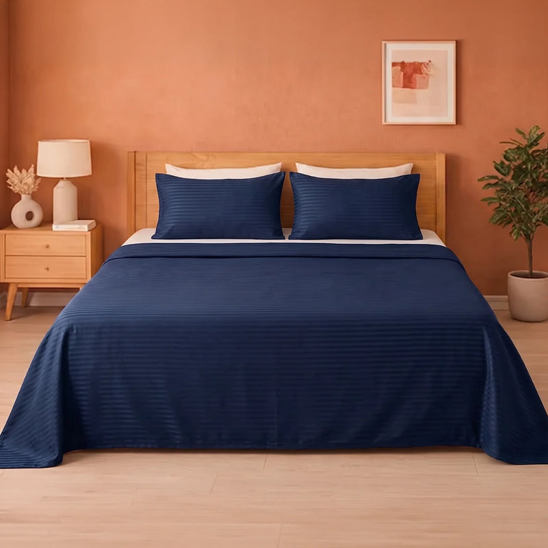 Breton Doze - Satin Stripe Reversible Dohar Blanket (Dark Blue)-1