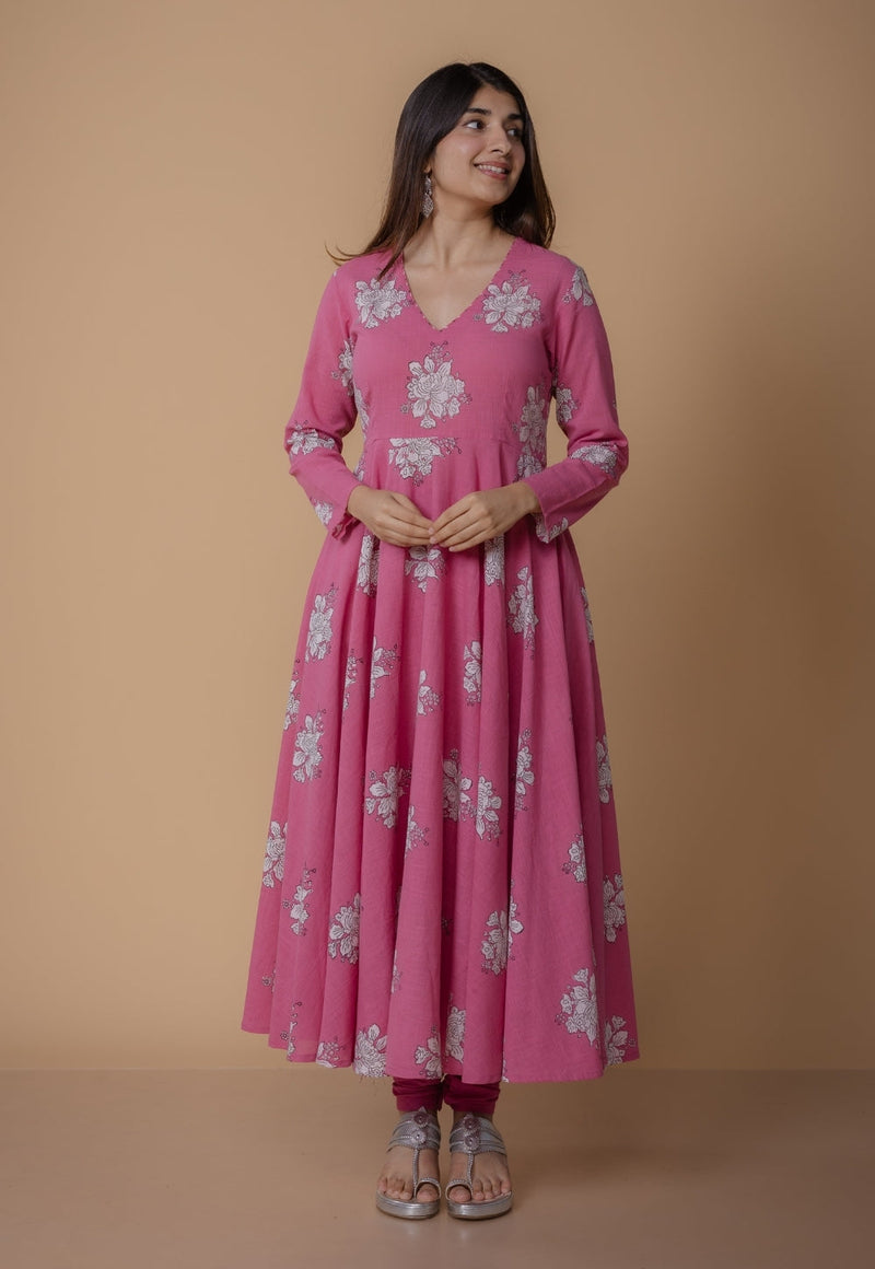 Ruvika Pink Dabu Slub Cotton A Line Kurta