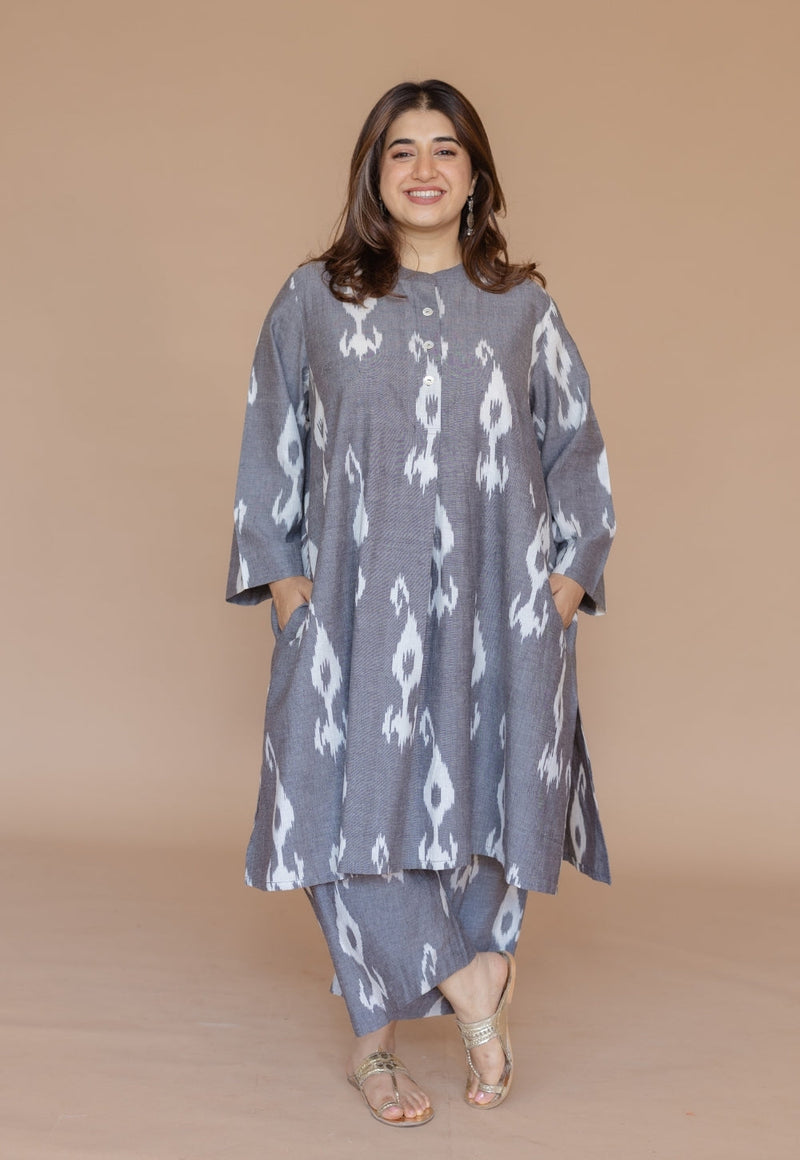 Yashi Grey Handloom Ikkat Cotton Straight Pant