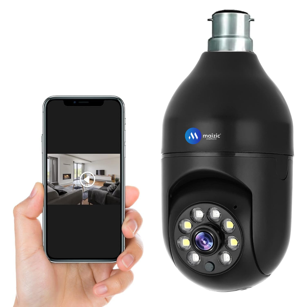 Maizic Smarthome Black smart indian Bulb Holder CCTV Camera 3MP | 360° Auto Rotation | WiFi Indoor Security Camera | AI Human Detection | Motion Detection | Color Night Vision | Two-Way Audio