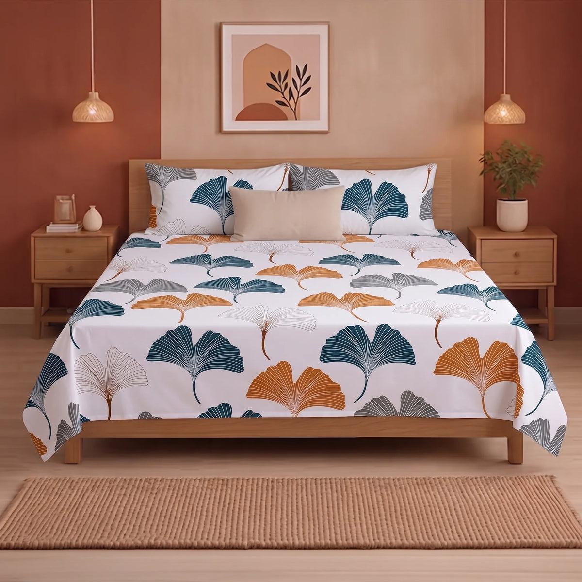 Imprimer Ginkyo - Floral Printed Bedsheet (Mustard & Grey)