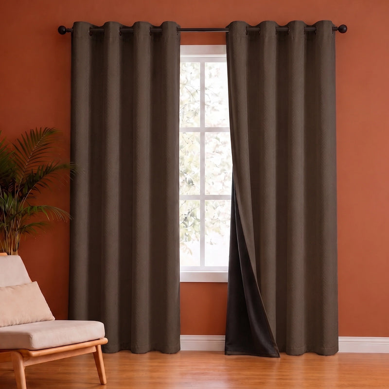 Fort Essential Embossed - Eyelet Black Backing Blackout Curtain (Brown)-1