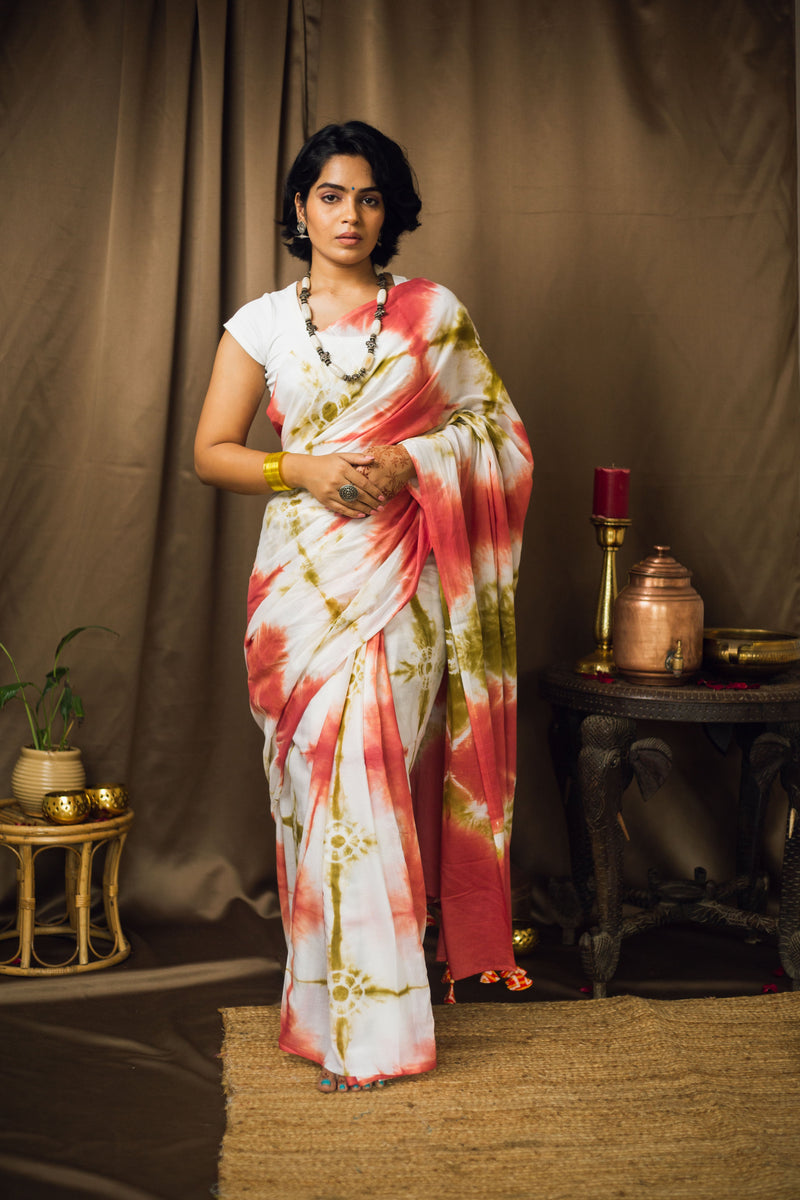 Cotton Mul Tie Dye Saree Green Earth-1