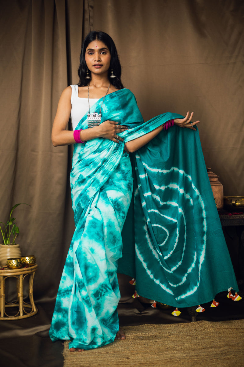 Cotton Mul Tie Dye Saree Mint Masala-1