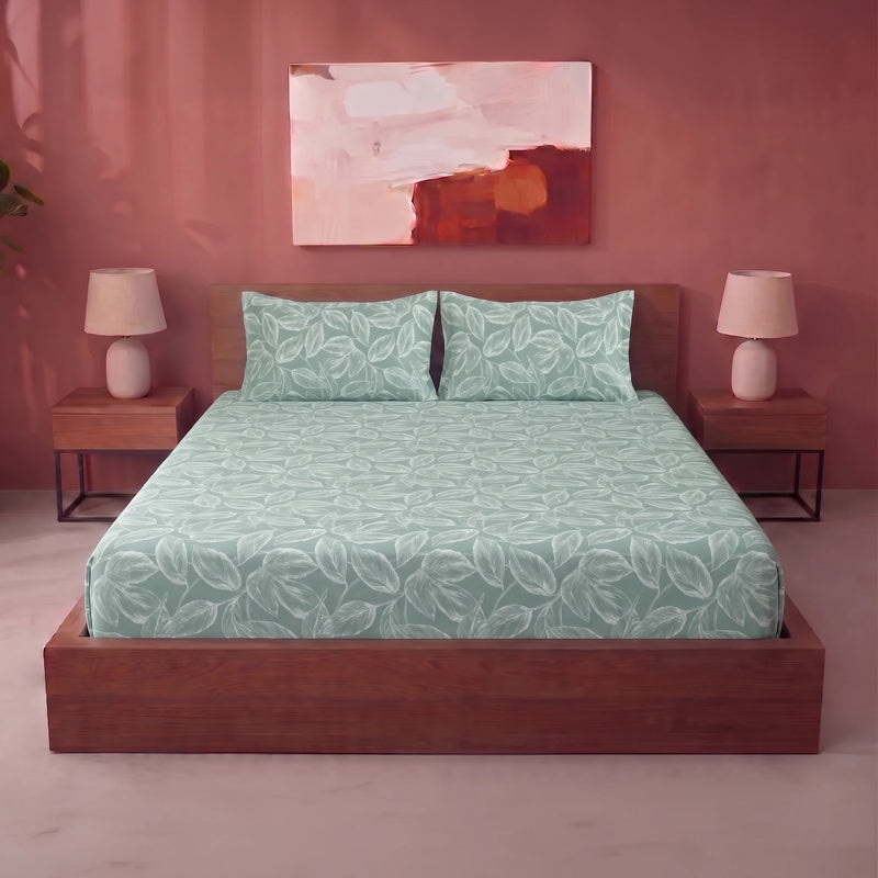 Imprimer Itsy-Bitsy - Leaf Printed Fitted Bedsheet (Aqua Blue)-1