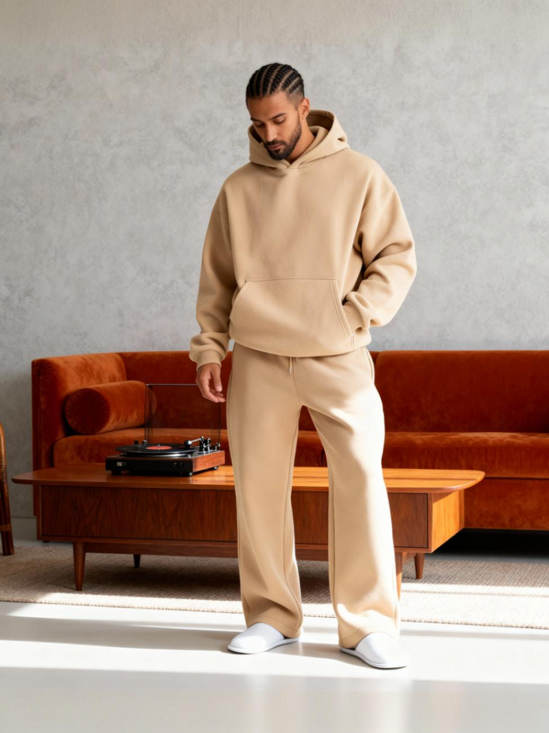 Beige - Flat Pants + Hoodie Co-ord