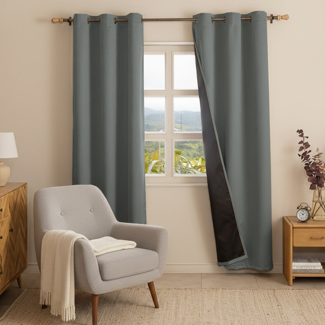Fort Essential Embossed - Eyelet Black Backing Blackout Curtain (Grey)-1