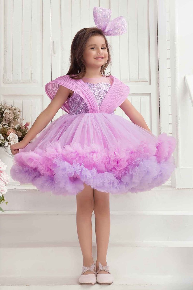 Lavender Ruffle Party Frock with Sparkle Sequins Embellishment For Girls