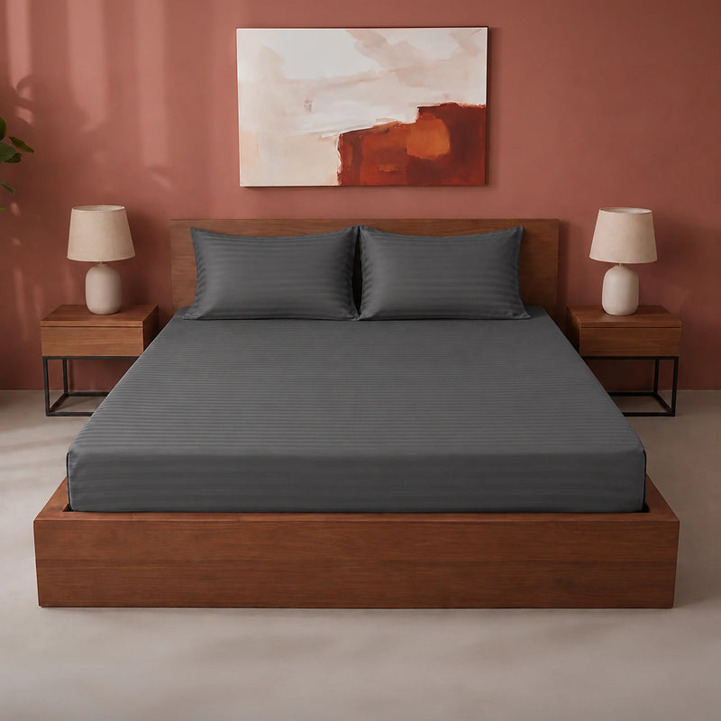 Breton Drift - Satin Stripes Fitted Bedsheet (Grey)-1
