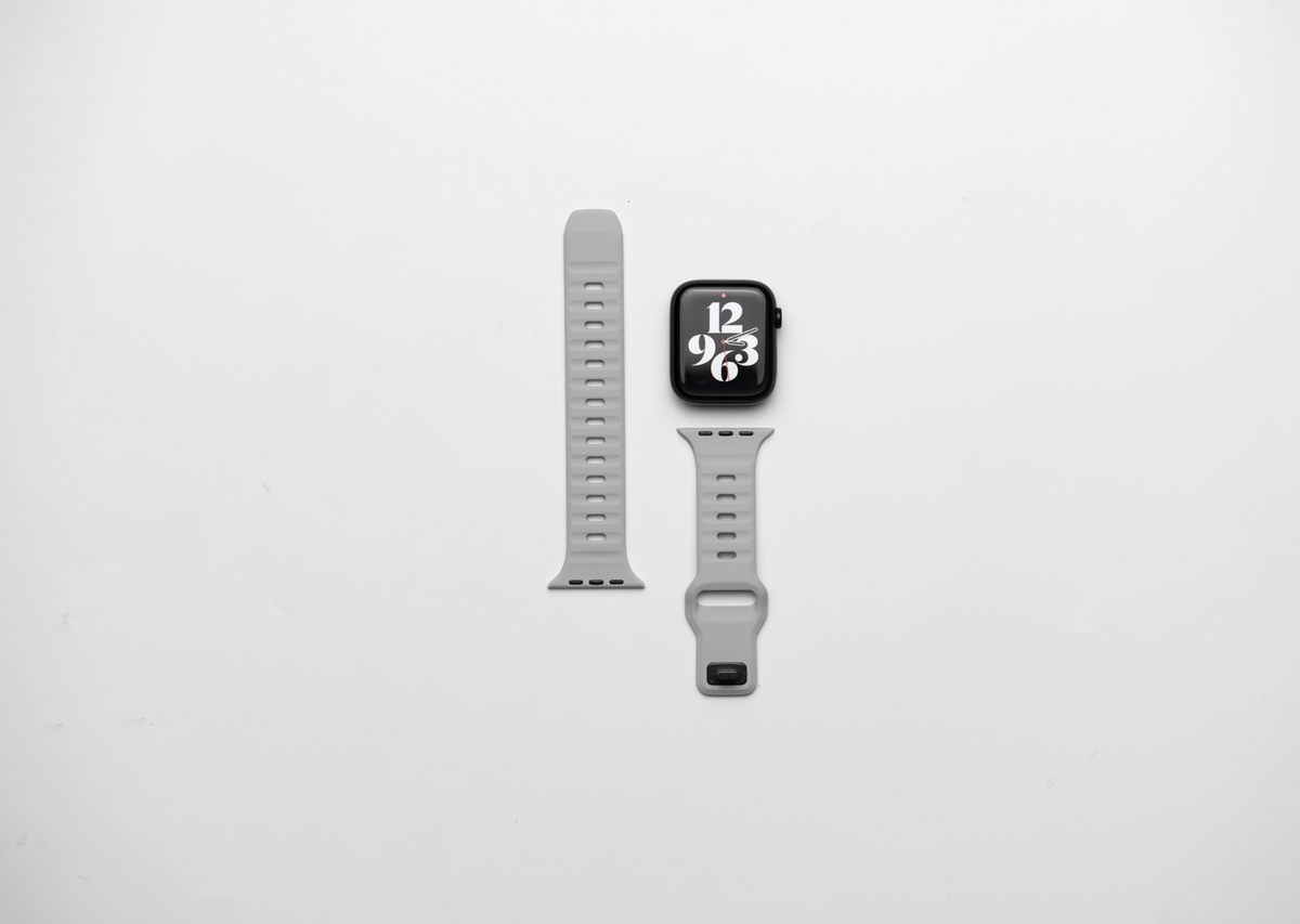 Aqua Ash Grey Rugged Silicone Apple Watch Band with Pin & Tuck Closure.