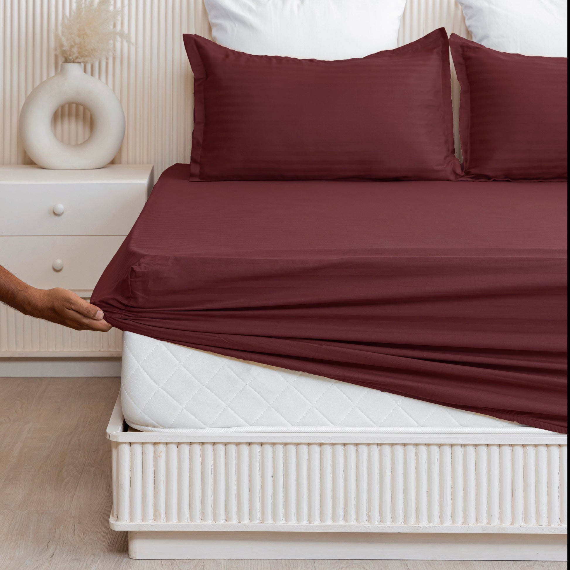 Breton Drift - Satin Stripes Fitted Bedsheet (Maroon)-1