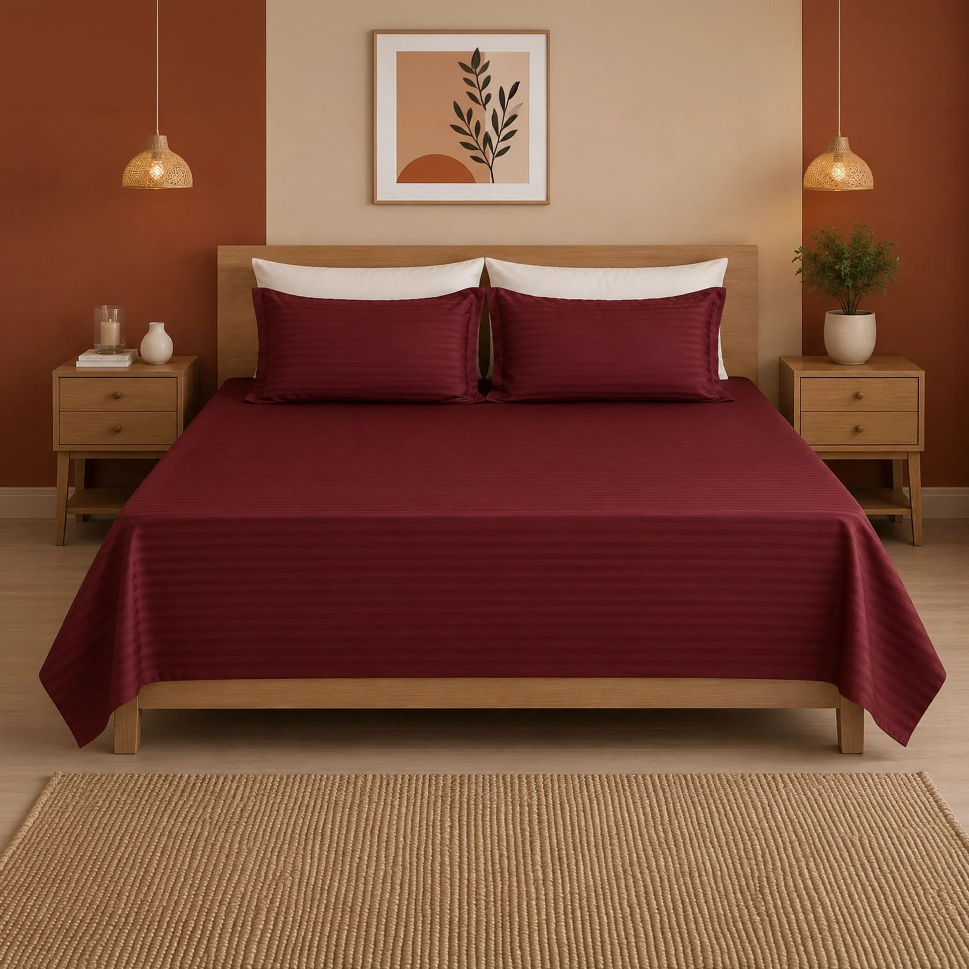 Breton Nap - Satin Stripes Bedsheet (Maroon)-1