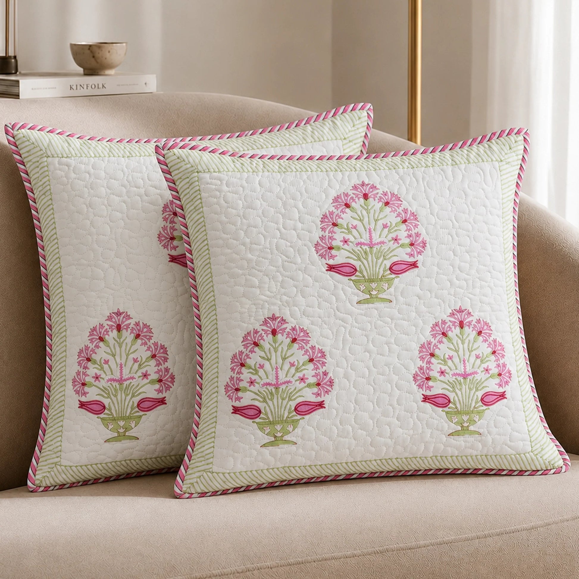 Ombre Rosey - Hand Block Print Quilted Cushion Cover (Pink)-5
