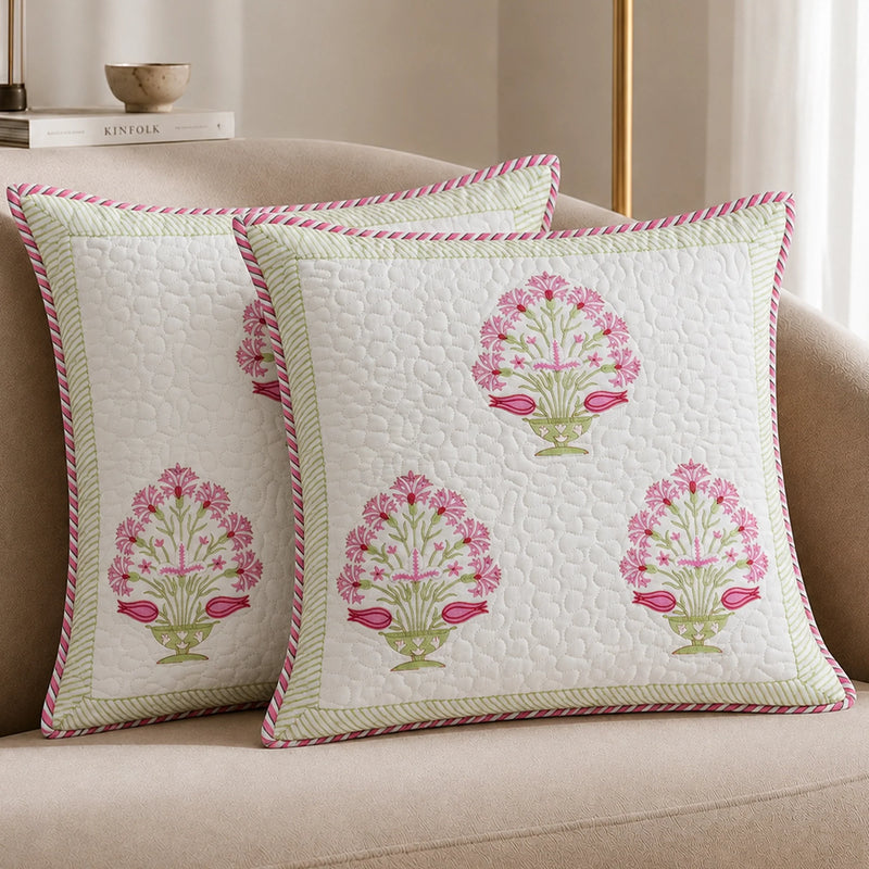 Ombre Rosey - Hand Block Print Quilted Cushion Cover (Pink)-5
