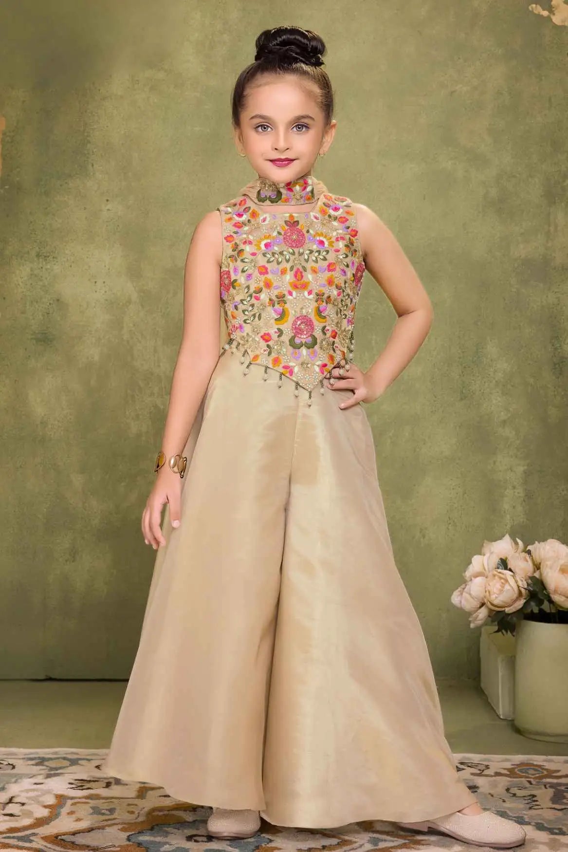 Fawn Sequins Work With Thread Embroidery Palazzo Set For Girls