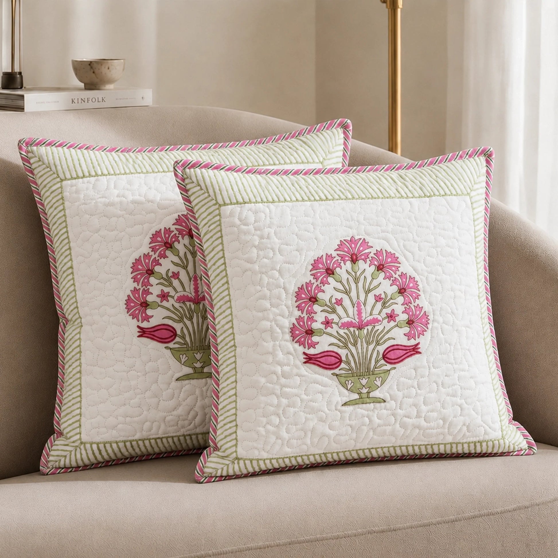 Ombre Rosey - Hand Block Print Quilted Cushion Cover (Pink)-1