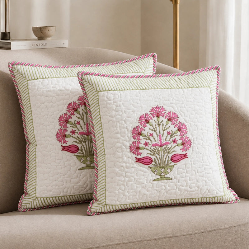 Ombre Rosey - Hand Block Print Quilted Cushion Cover (Pink)-1