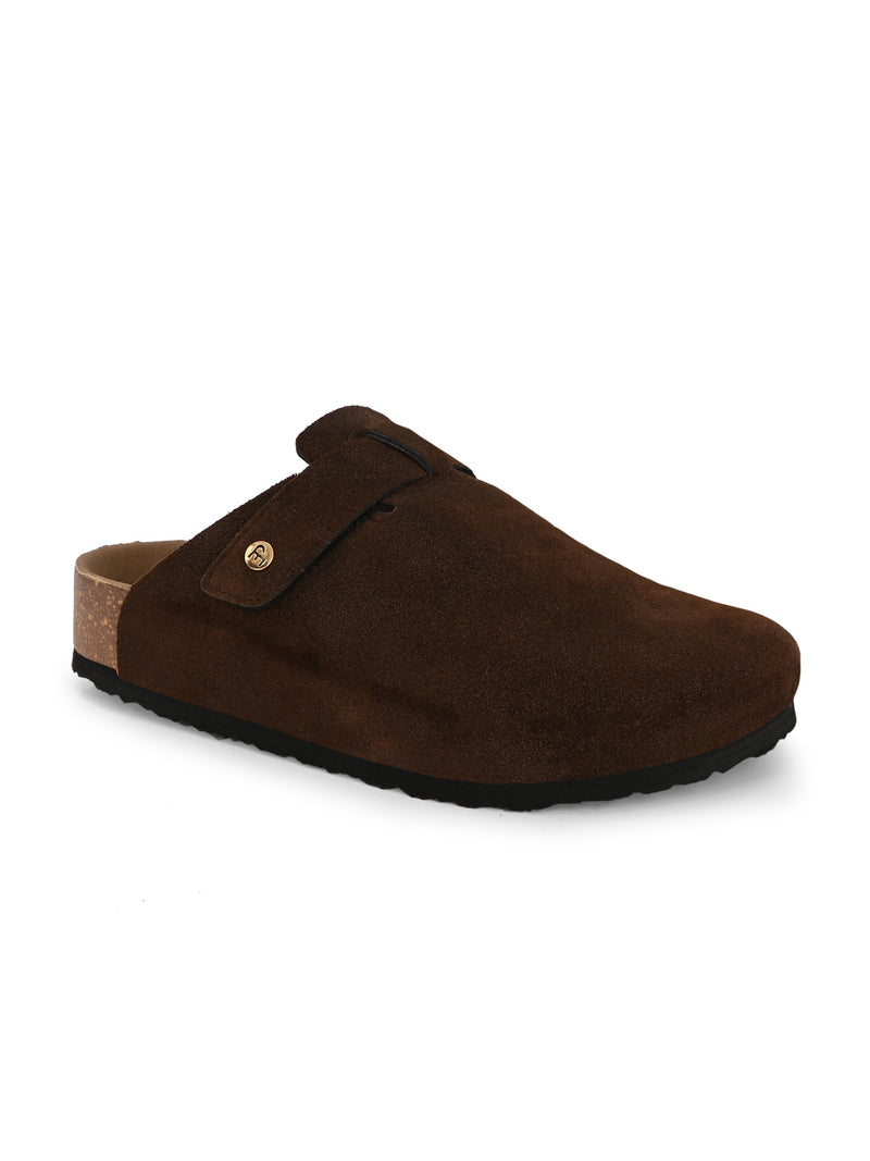 Brown suede slip-on clog with a black rubber sole and adjustable strap.