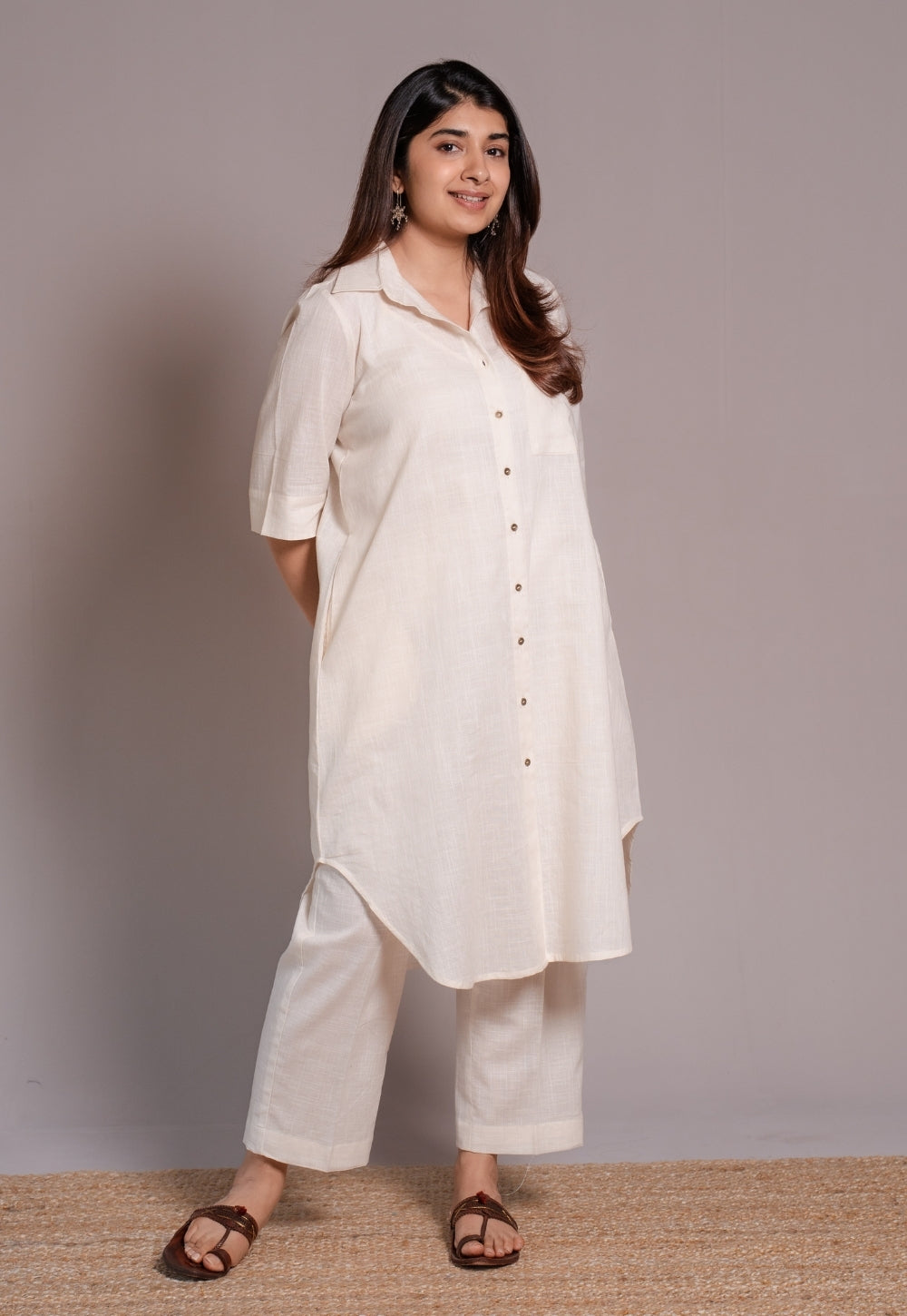 Off White Solid Slub Cotton Straight Co-Ord Set- DyeVerse