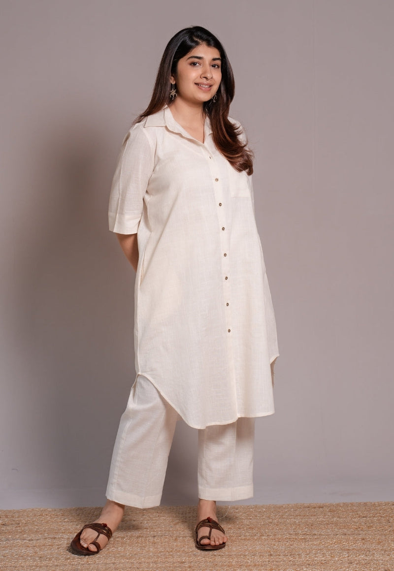 Off White Solid Slub Cotton Straight Co-Ord Set- DyeVerse