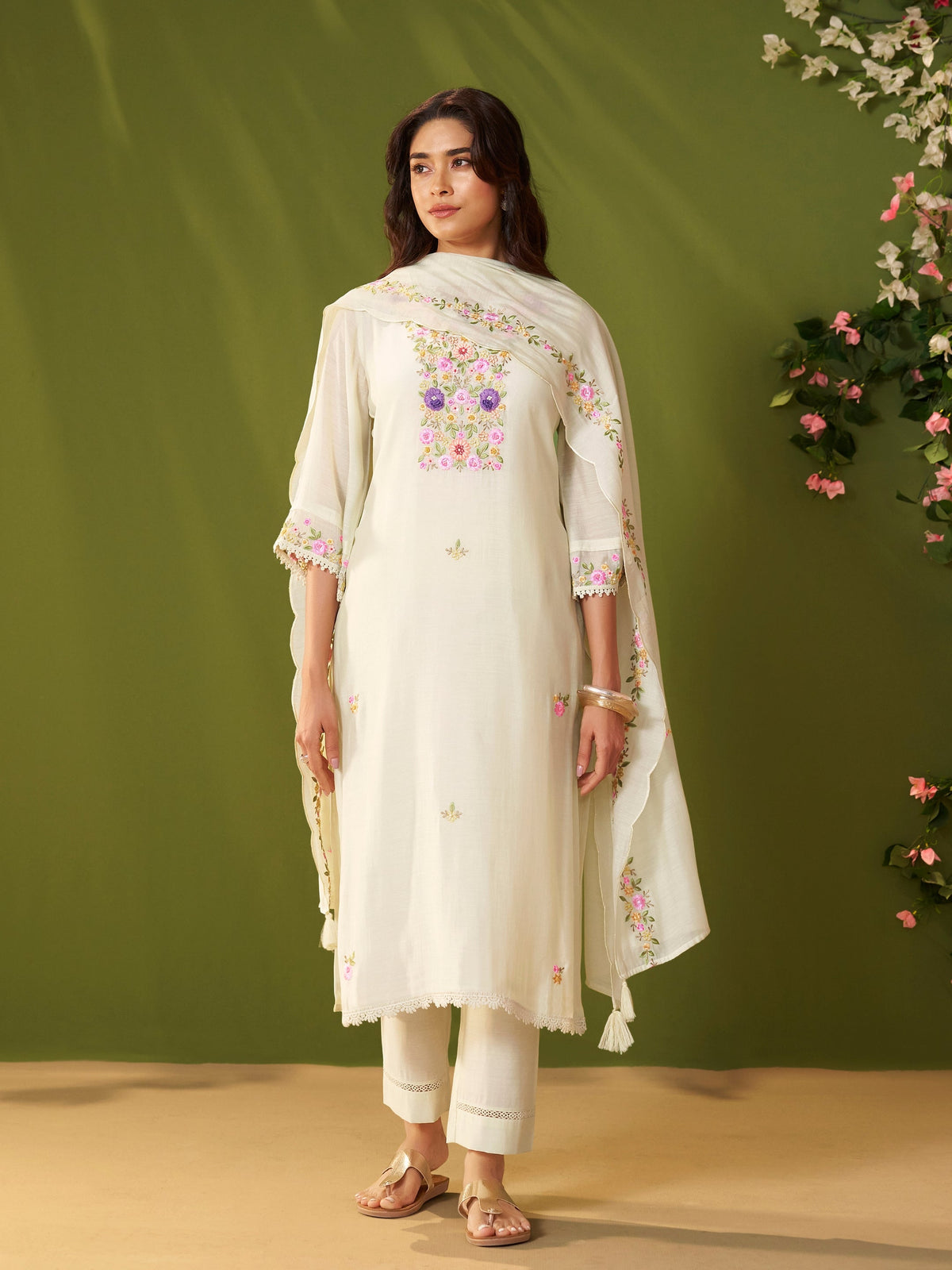 Komal White Mul Chanderi Suit Set