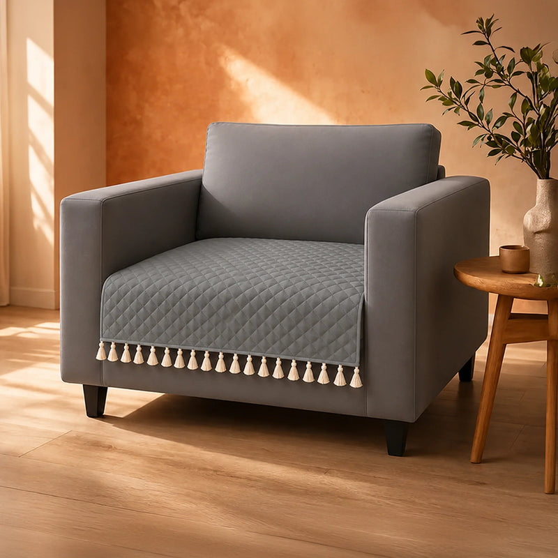 Quilted Velvet Sofa Cover with Tassels (Grey)-1