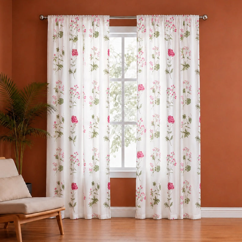 Pink Floral Printed Rod Pocket Duck Curtain-1