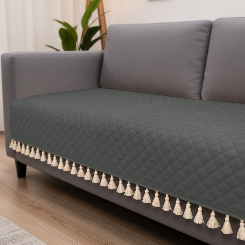 Quilted Velvet Sofa Cover with Tassels (Grey)-8