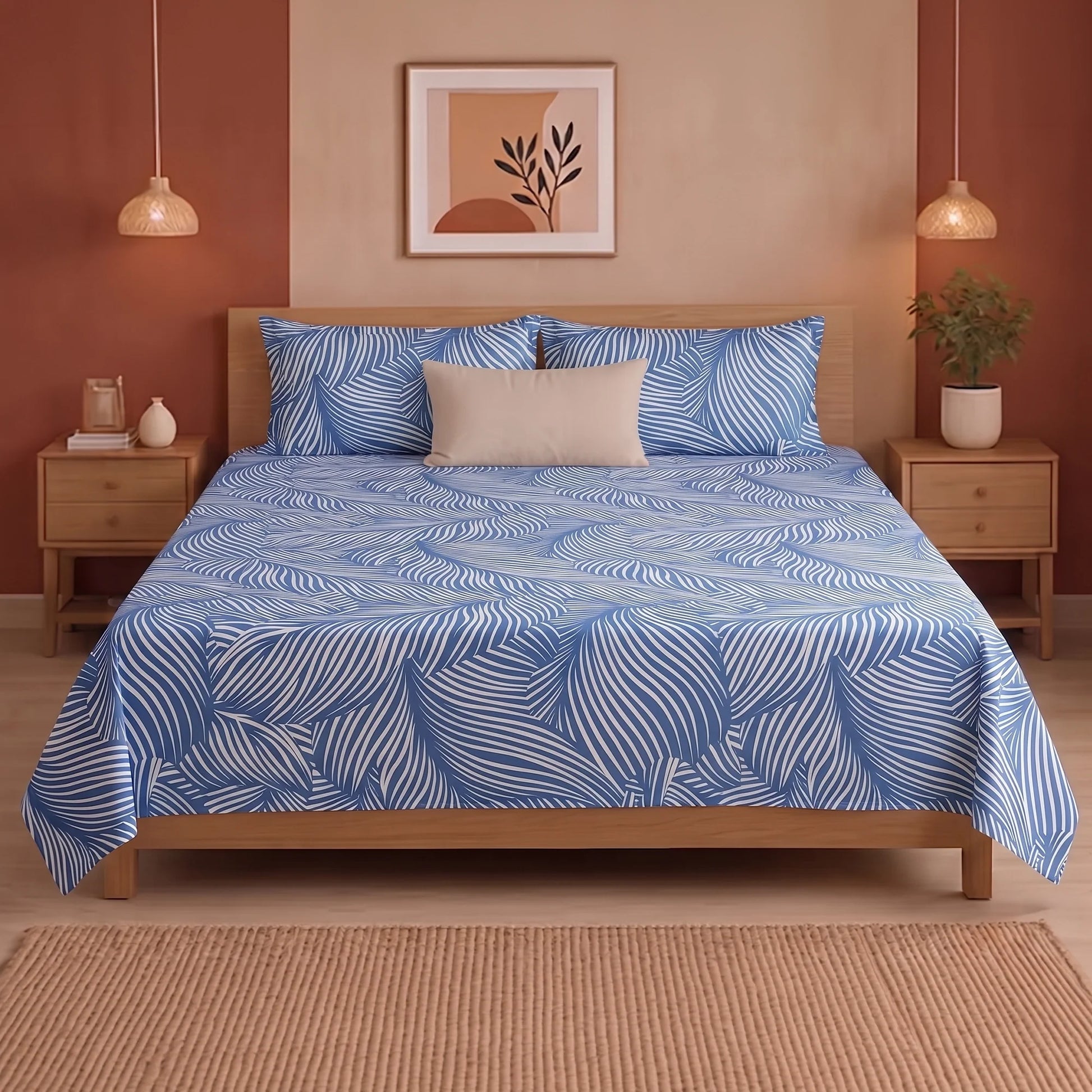 Blue Feather - Bedsheet (Blue & White)-1