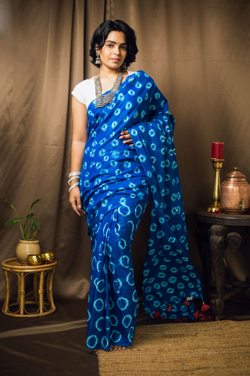 Cotton Mul Tie Dye Saree Blue Bindu-1