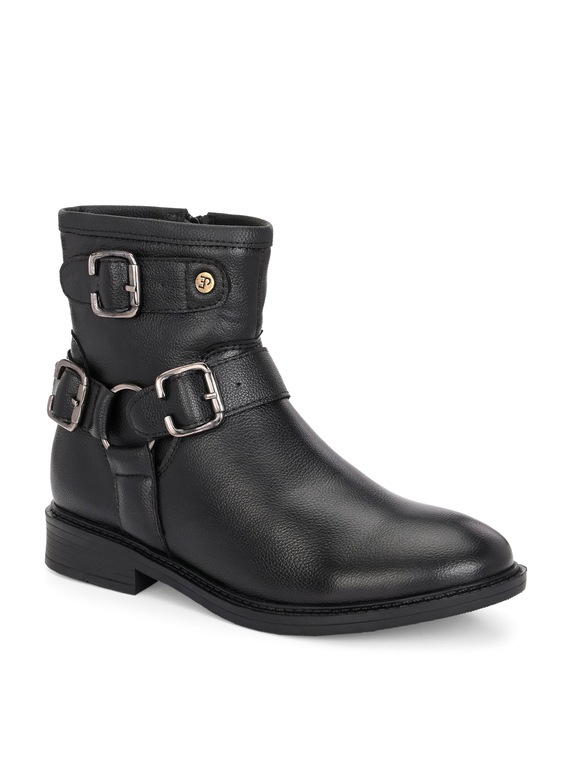 Black boots with silver buckle accents and a low heel, perfect for casual or semi-formal wear.