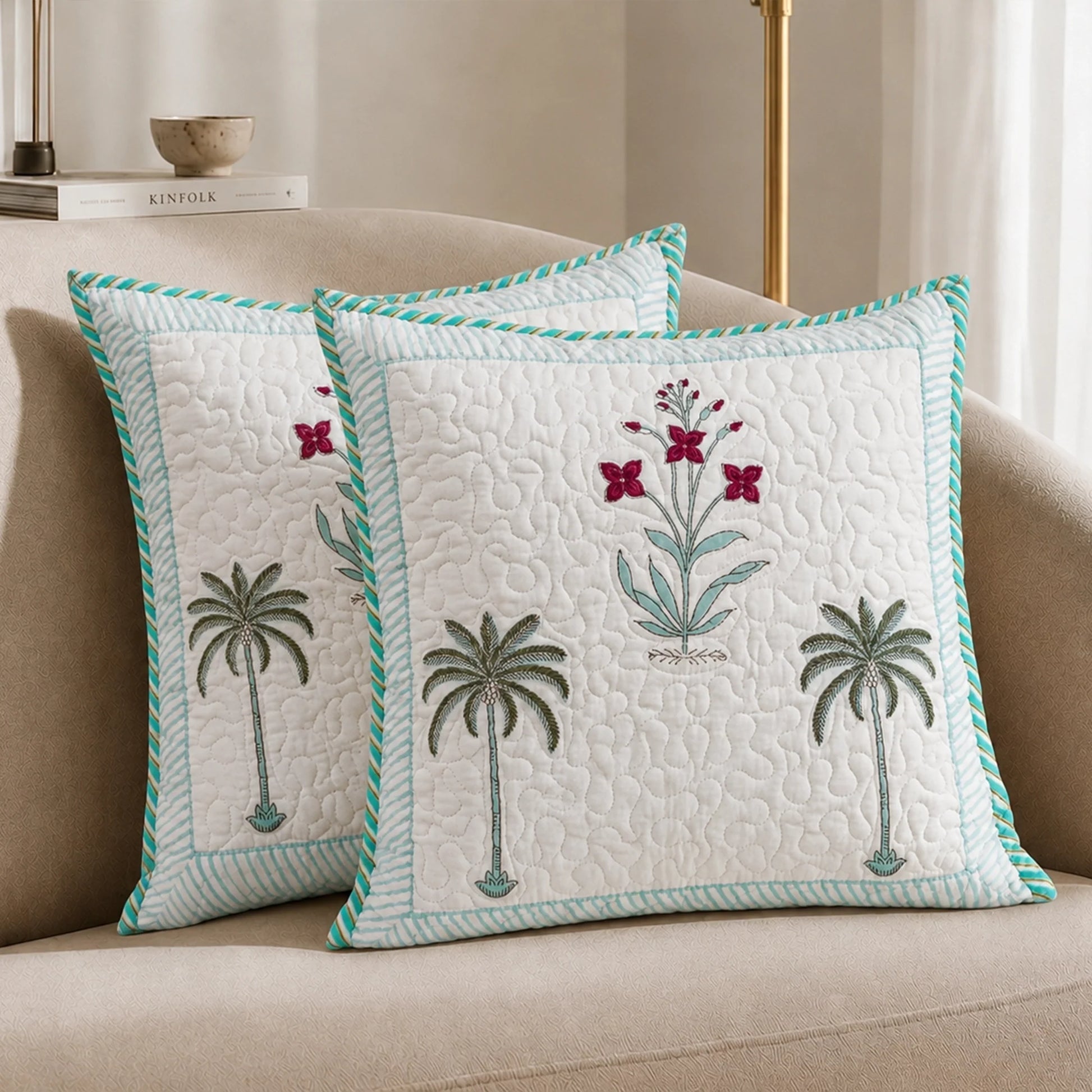 Ombre Tulip - Hand Block Print Quilted Cushion Cover (Green)-1