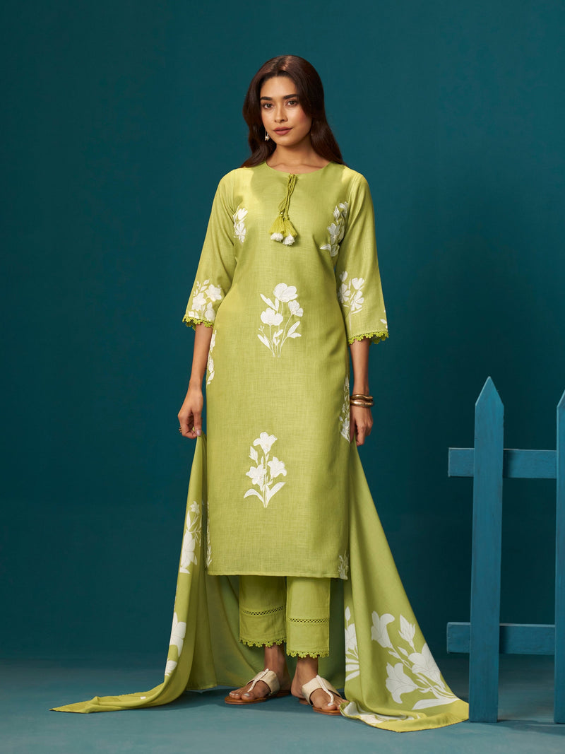 Bahar Green Mul Linen Suit Set