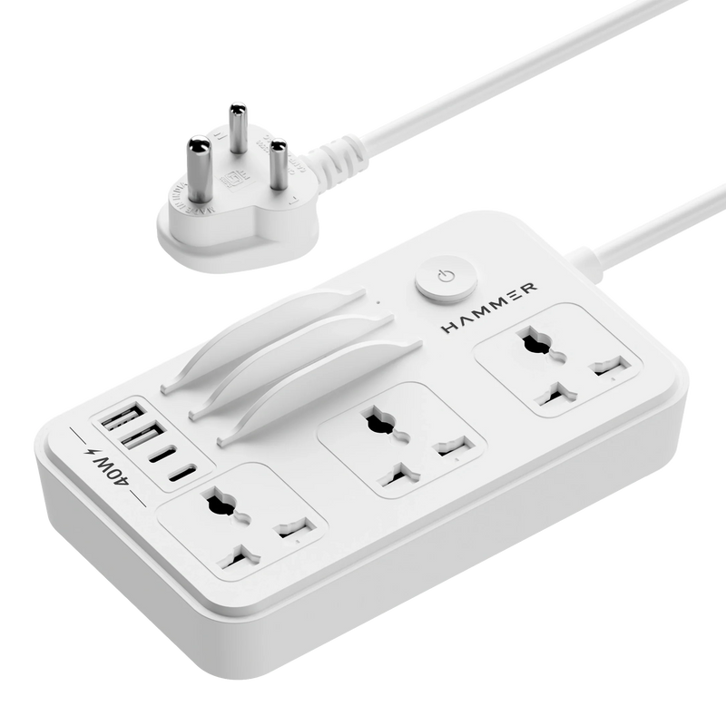 HAMMER Power Strip with 3 Universal Sockets with Child Security, 2 USB Ports and 2 Type C 20w PD, Mobile Holder, 2300W with 1.5 Meter Cable White-1