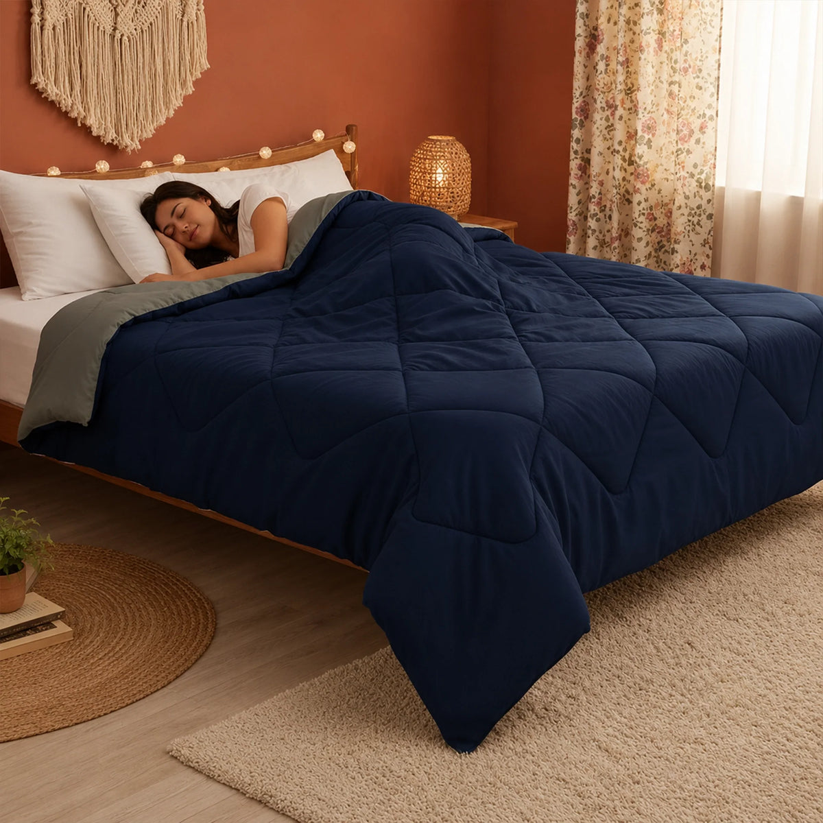 Fort - Box Stitch Duvet Comforter (Dark Blue & Light Grey)-2