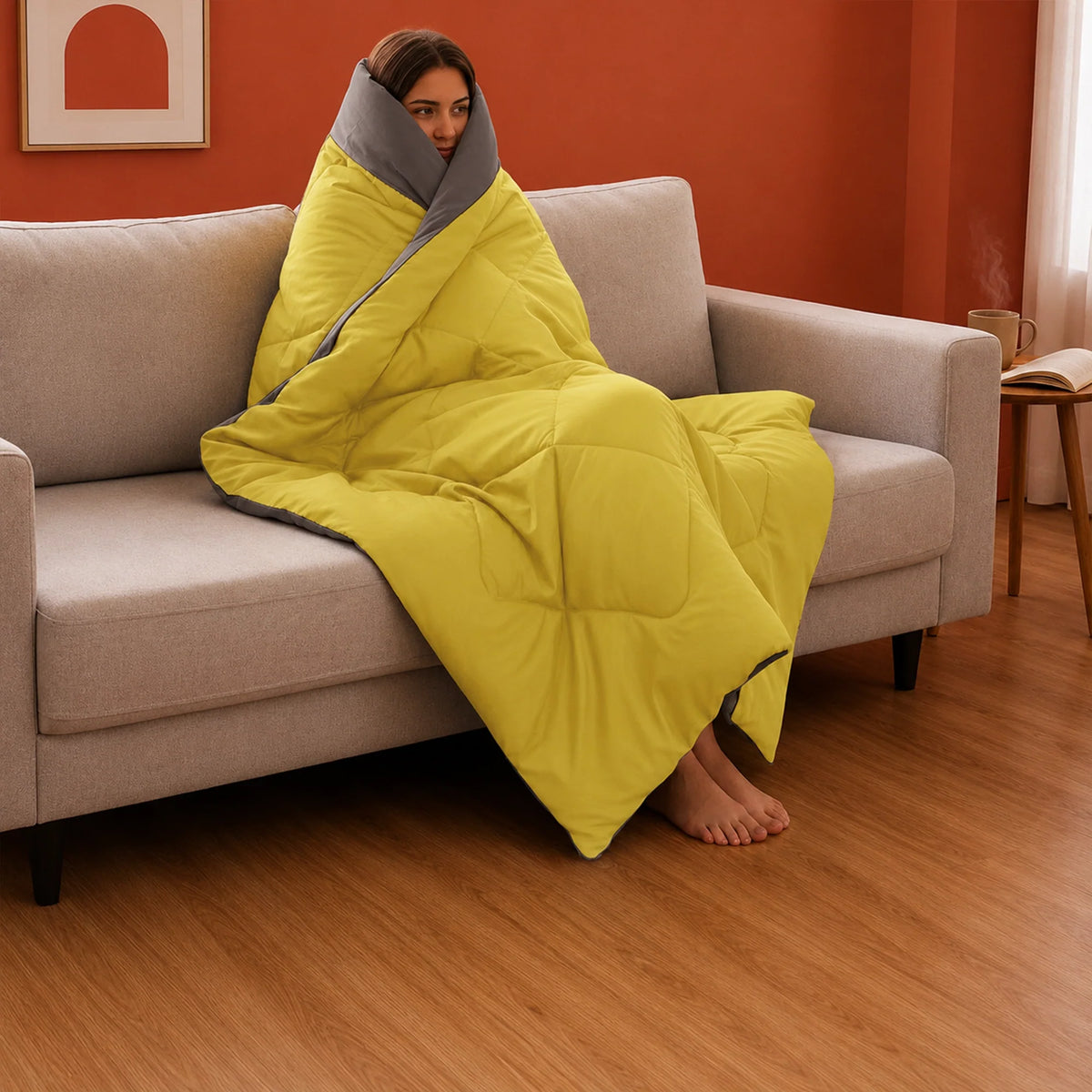 Fort - Box Stitch Duvet Comforter (Mango Yellow & Dark Grey)-2