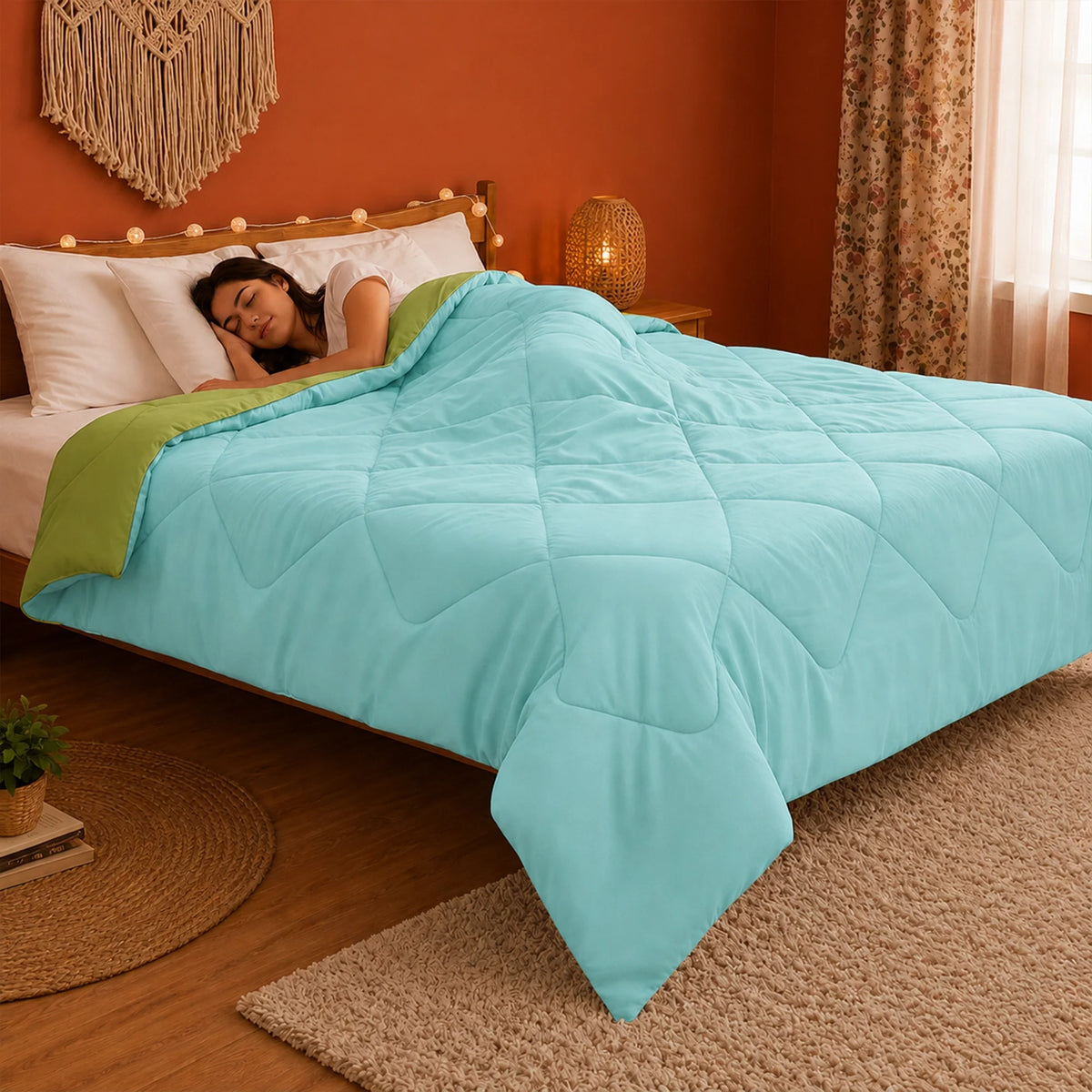 Fort - Box Stitch Duvet Comforter (Parrot Green & Aqua Green)